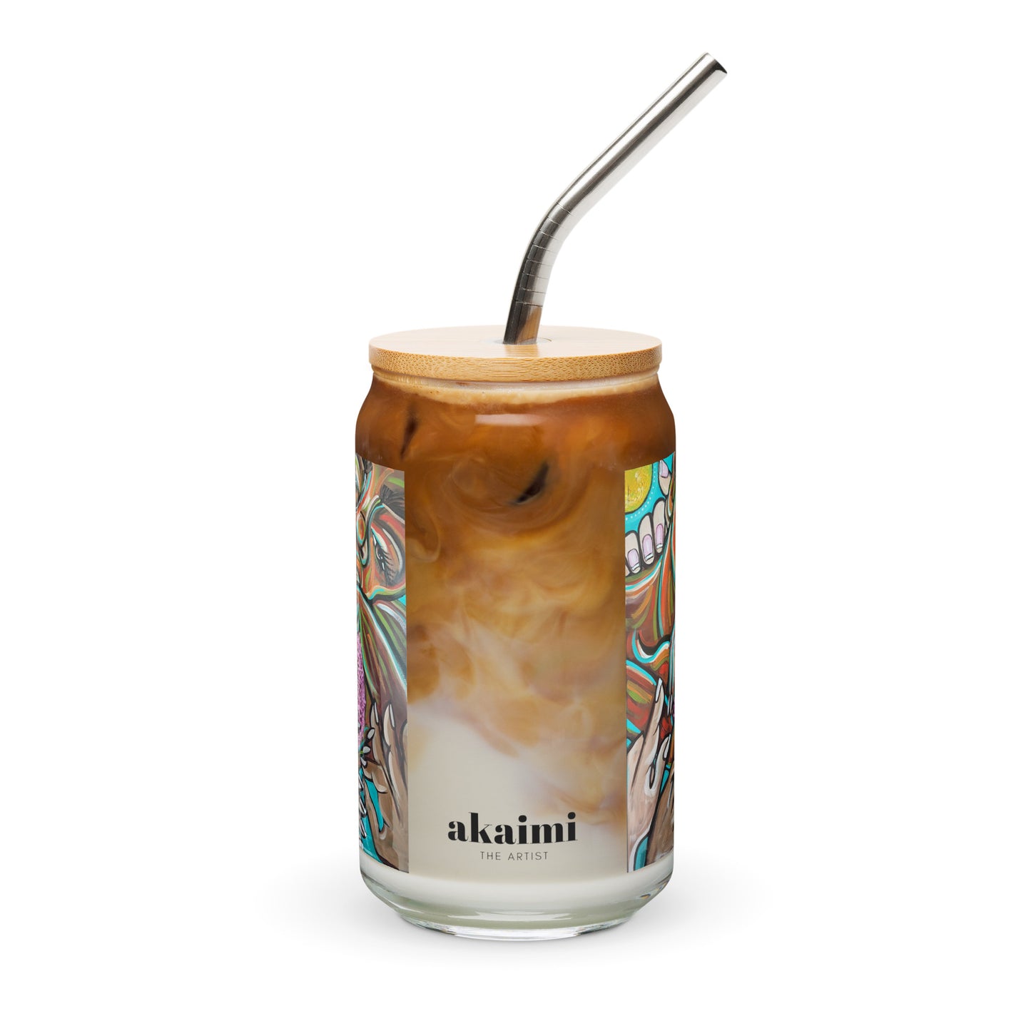 Grappling Can-shaped glass w/lid + straw