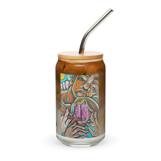 Grappling Can-shaped glass w/lid + straw